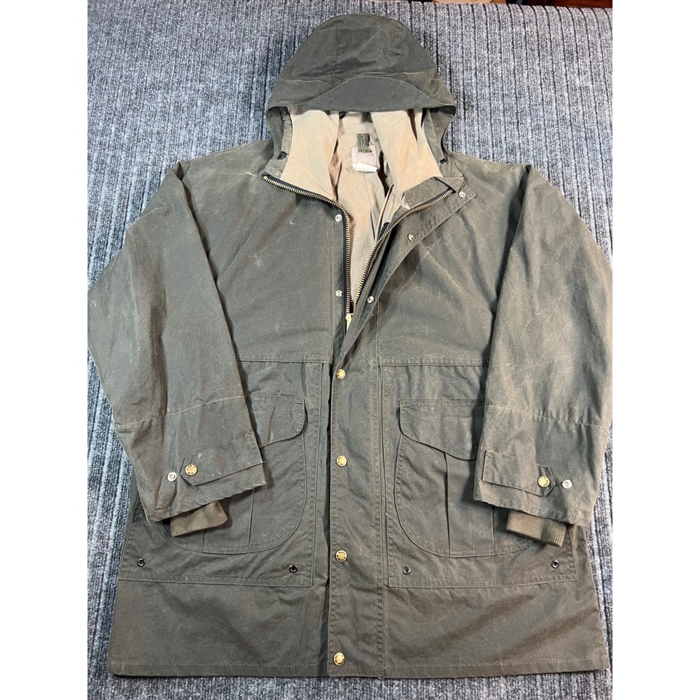 Vtg FILSON Shelter Cloth Water Repellent Parka Large Green Hooded Waxed 1438N